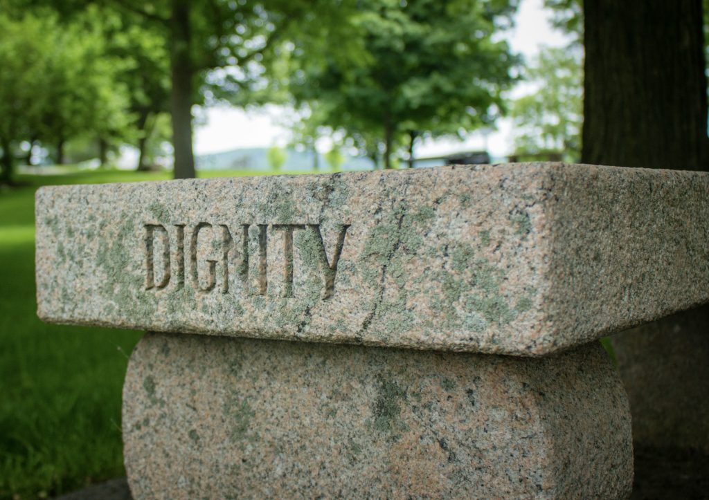 Stone bench engraved with the word ‘Dignity’ in a green park, representing the urgent need to restore dignity in adult care for elderly and disabled individuals.