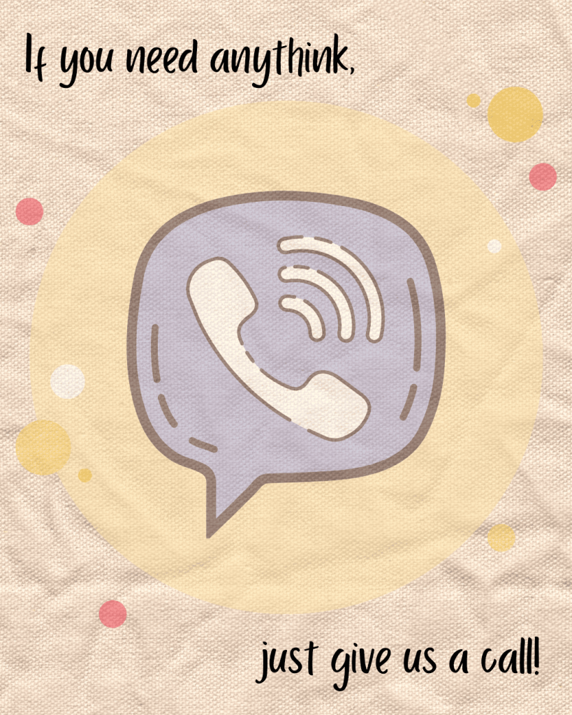 Textured graphic featuring a phone icon inside a speech bubble. Decorative dots fill the background, and the text reads: "If you need anything, just give us a call!.